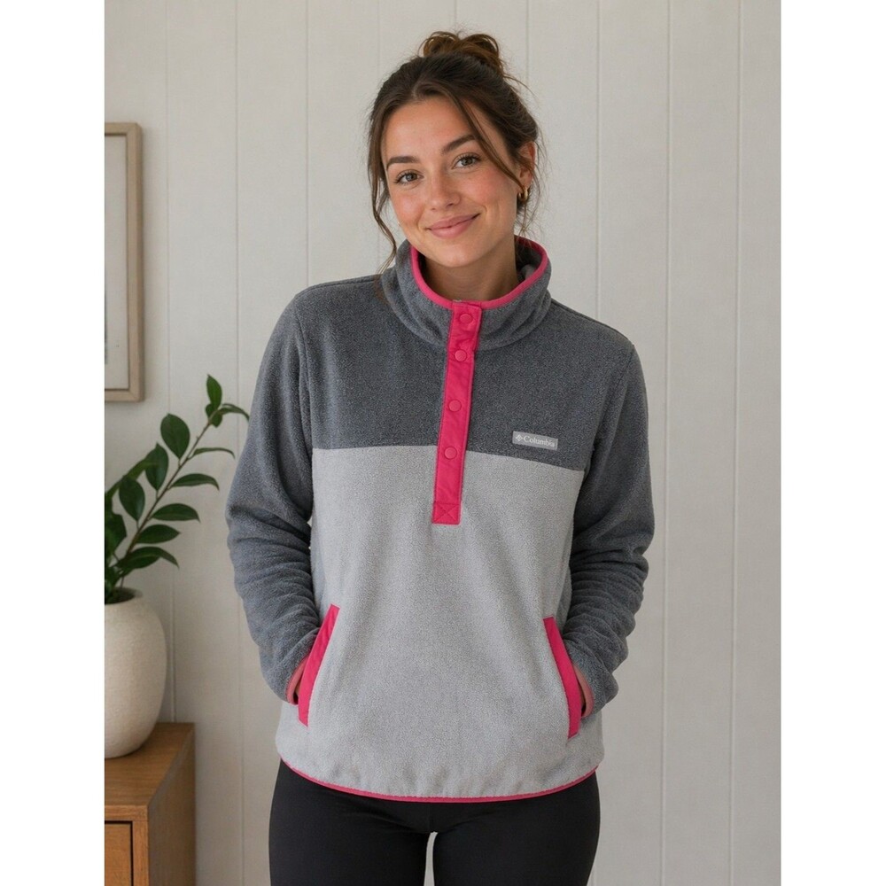 Columbia 1/4 Snap Fleece Pullover Jacket Women Size XL Gray Pink Trim Sweatshirt